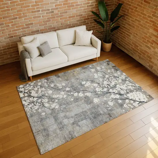 Gray Ivory And Silver Floral Washable Indoor Outdoor Area Rug Photo 7
