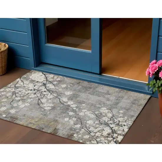 Gray Ivory And Silver Floral Washable Indoor Outdoor Area Rug Photo 1
