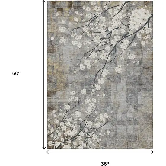 Gray Ivory And Silver Floral Washable Indoor Outdoor Area Rug Photo 3