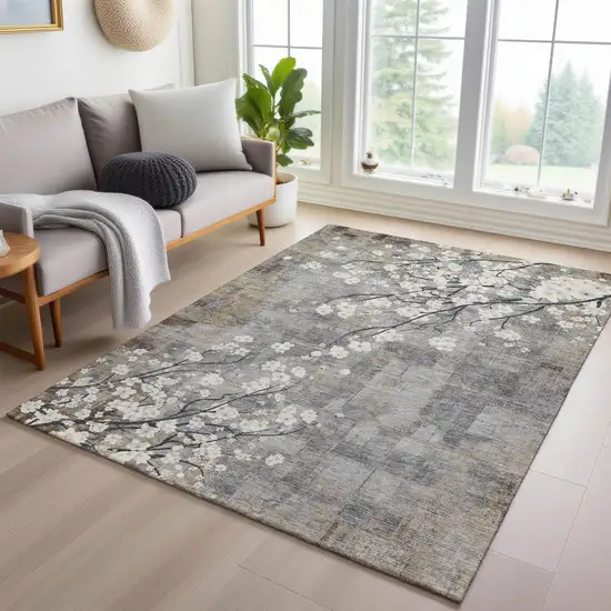 Gray Ivory And Silver Floral Washable Indoor Outdoor Area Rug Photo 9