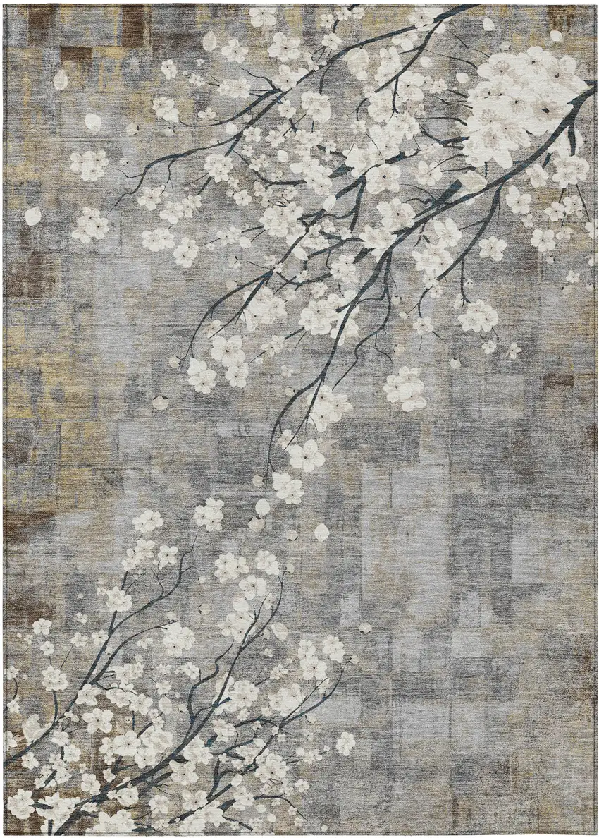 Gray Ivory And Silver Floral Washable Indoor Outdoor Area Rug Photo 2