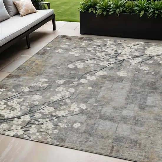 Gray Ivory And Silver Floral Washable Indoor Outdoor Area Rug Photo 1