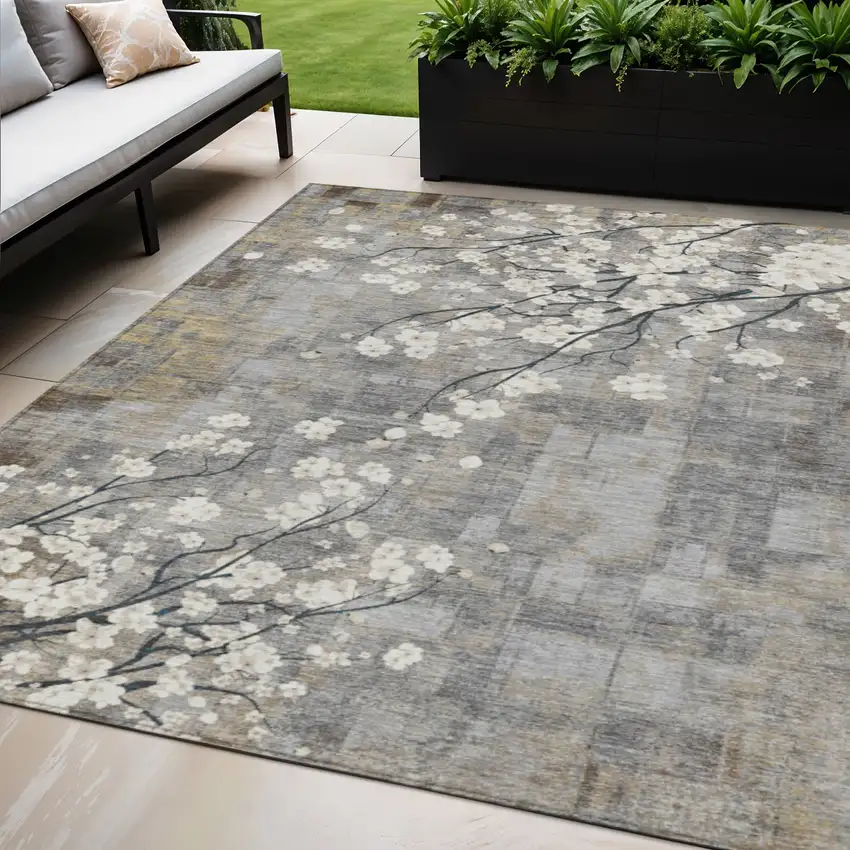 Gray Ivory And Silver Floral Washable Indoor Outdoor Area Rug Photo 1