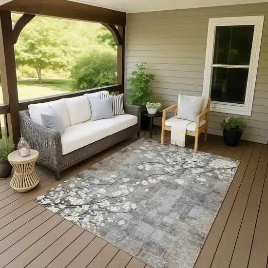 Gray Ivory And Silver Floral Washable Indoor Outdoor Area Rug Photo 8