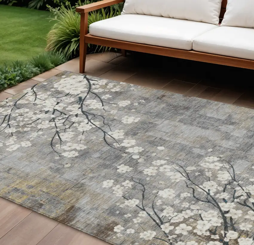 Gray Ivory And Silver Floral Washable Indoor Outdoor Area Rug Photo 1