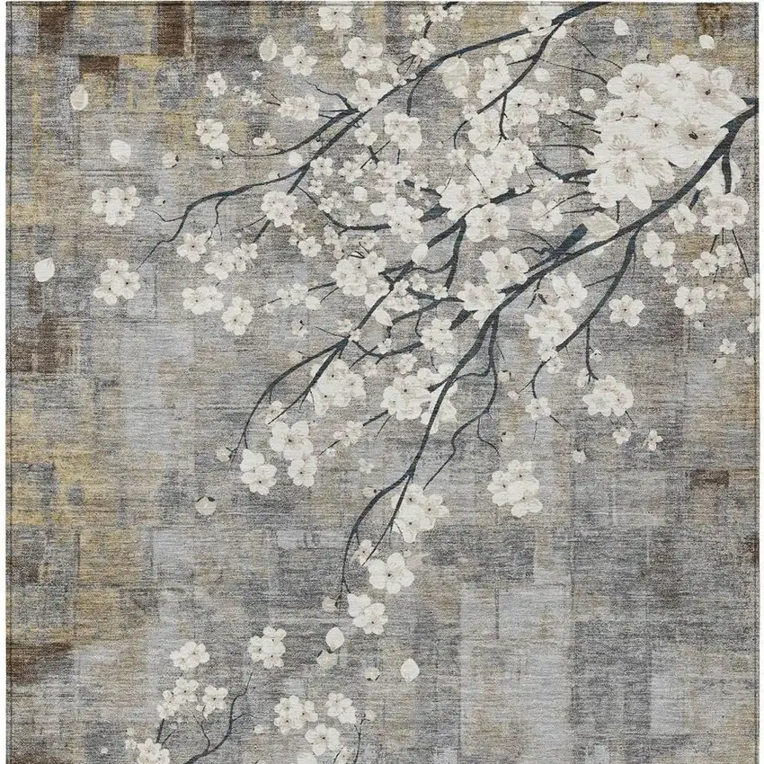 Gray Ivory And Silver Floral Washable Indoor Outdoor Area Rug Photo 4