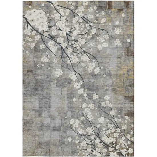 Gray Ivory And Silver Floral Washable Indoor Outdoor Area Rug Photo 5