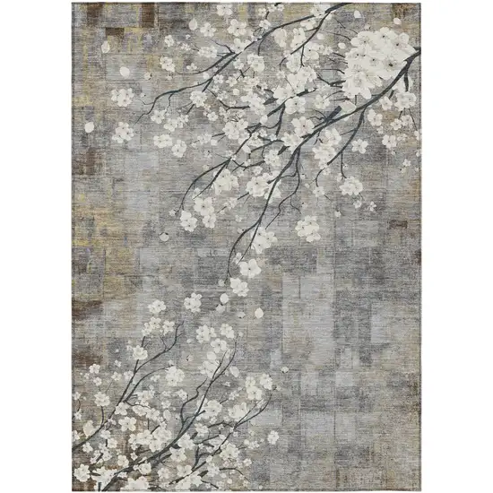 Gray Ivory And Silver Floral Washable Indoor Outdoor Area Rug Photo 2