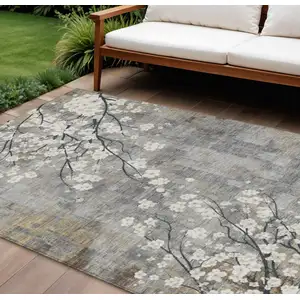 Photo of Gray Ivory And Silver Floral Washable Indoor Outdoor Area Rug
