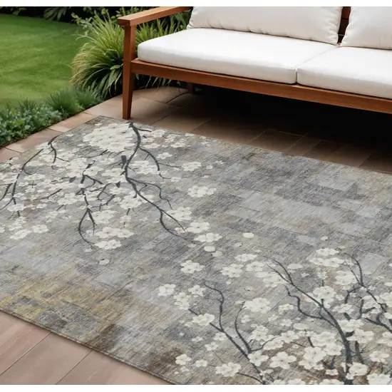 Gray Ivory And Silver Floral Washable Indoor Outdoor Area Rug Photo 1