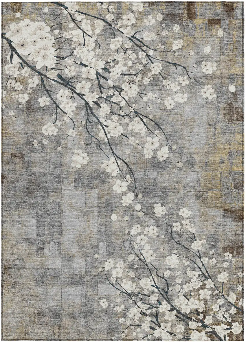 Gray Ivory And Silver Floral Washable Indoor Outdoor Area Rug Photo 5