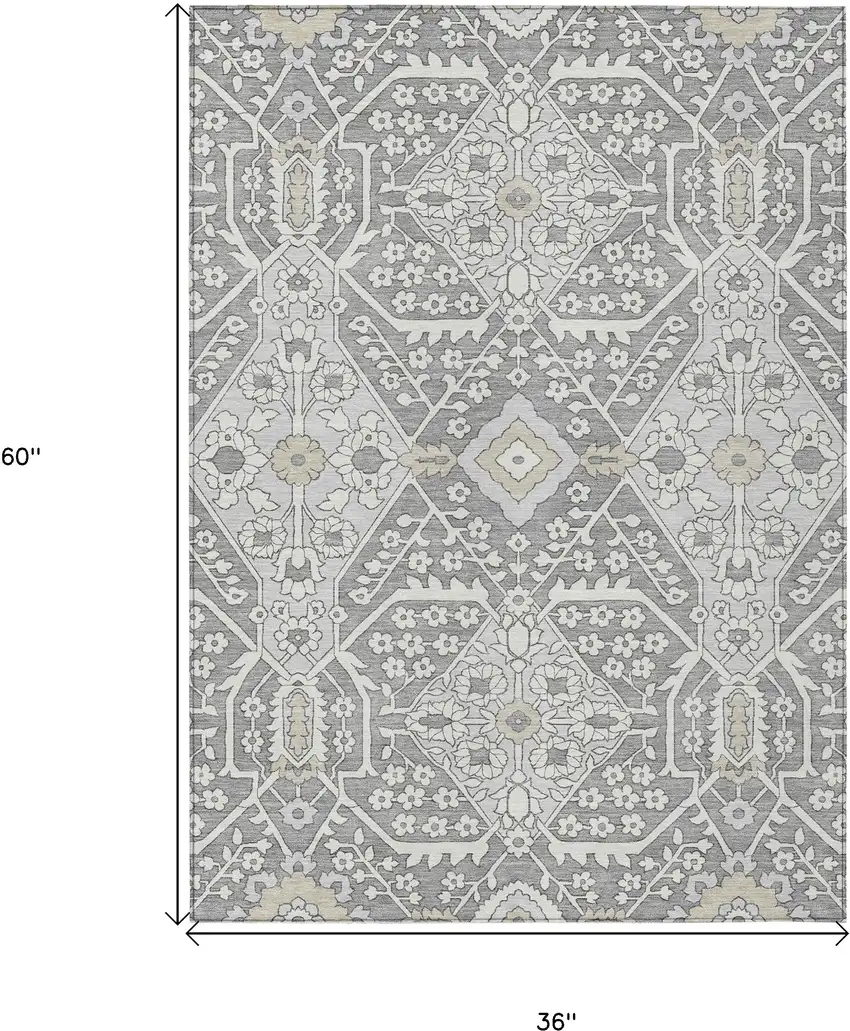 Gray Ivory And Silver Floral Washable Indoor Outdoor Area Rug Photo 3