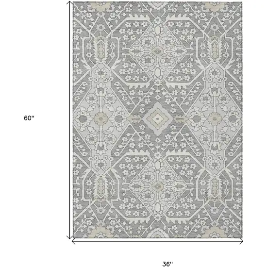 Gray Ivory And Silver Floral Washable Indoor Outdoor Area Rug Photo 3