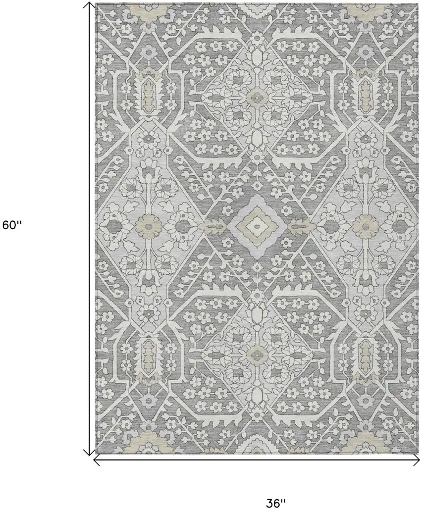 Gray Ivory And Silver Floral Washable Indoor Outdoor Area Rug Photo 3