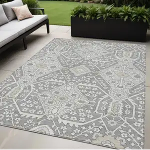 Photo of Gray Ivory And Silver Floral Washable Indoor Outdoor Area Rug