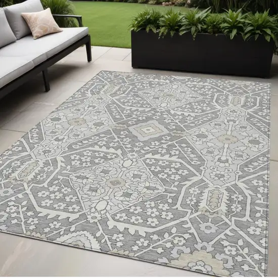 Gray Ivory And Silver Floral Washable Indoor Outdoor Area Rug Photo 1