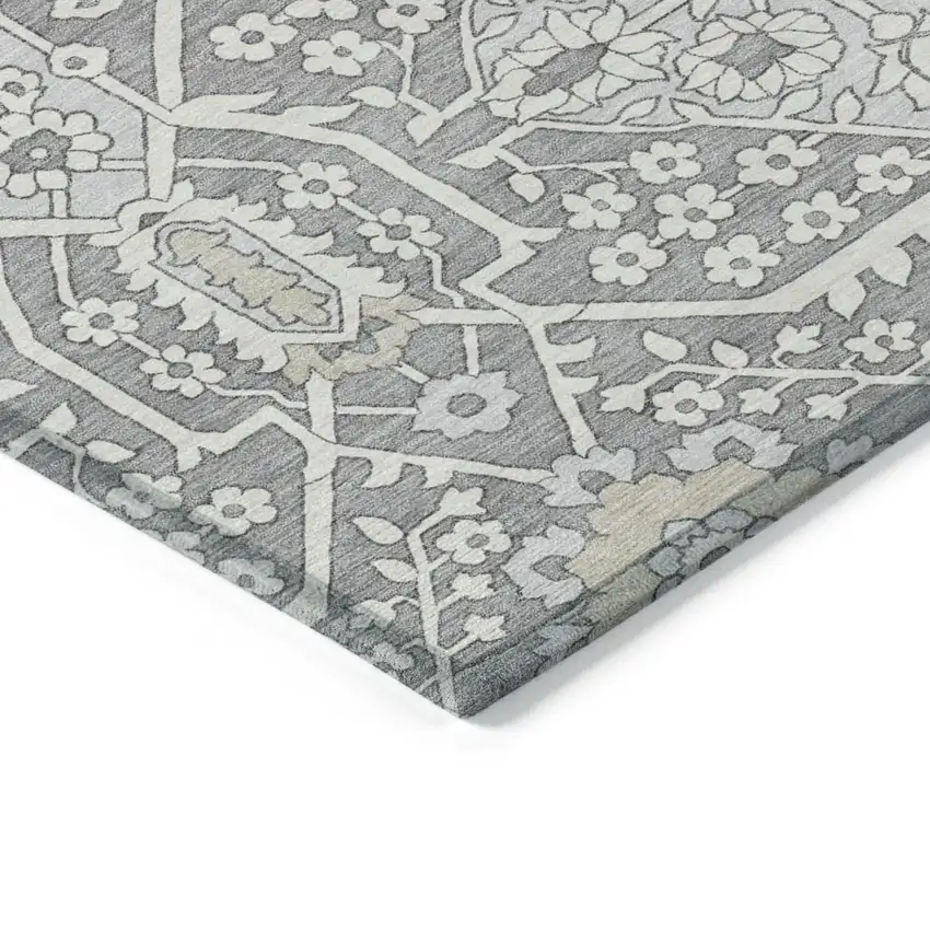 Gray Ivory And Silver Floral Washable Indoor Outdoor Area Rug Photo 5