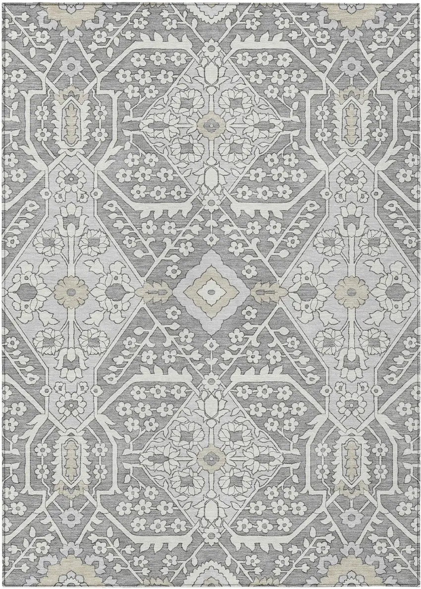 Gray Ivory And Silver Floral Washable Indoor Outdoor Area Rug Photo 2