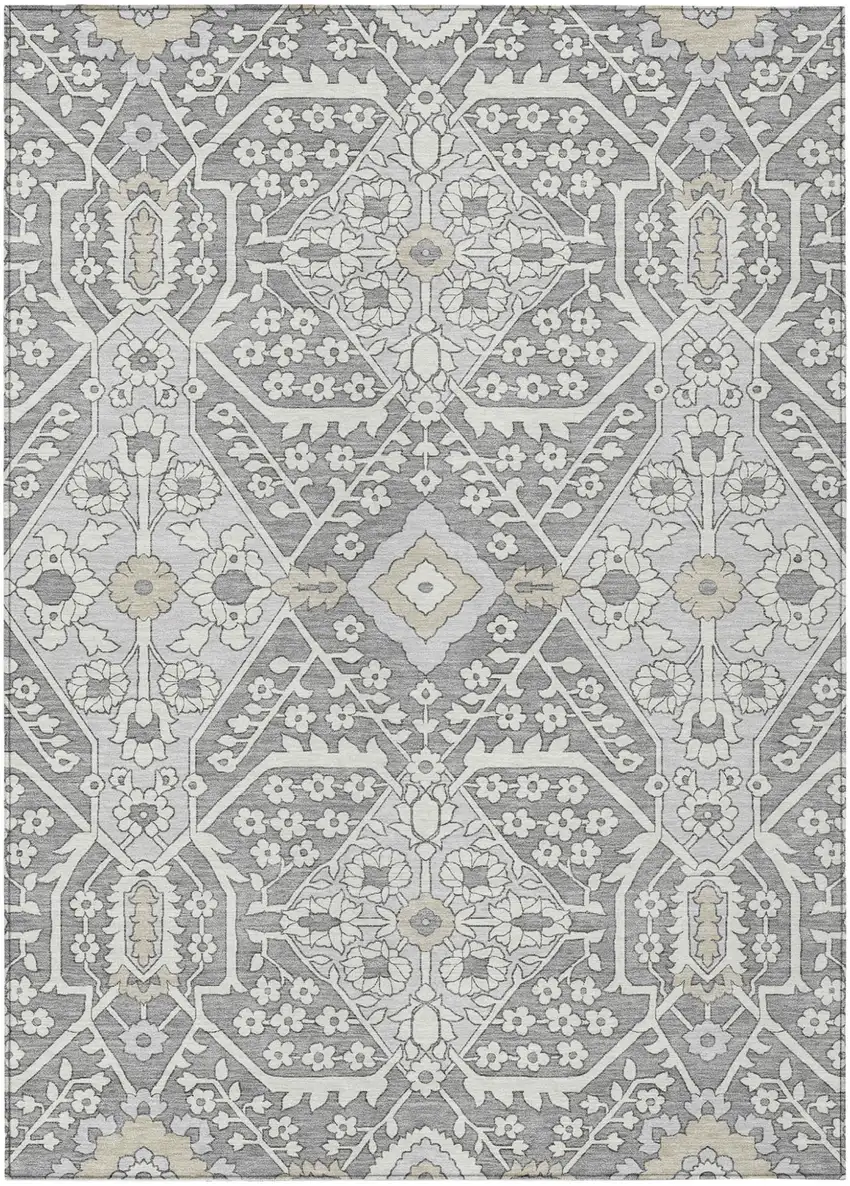 Gray Ivory And Silver Floral Washable Indoor Outdoor Area Rug Photo 2