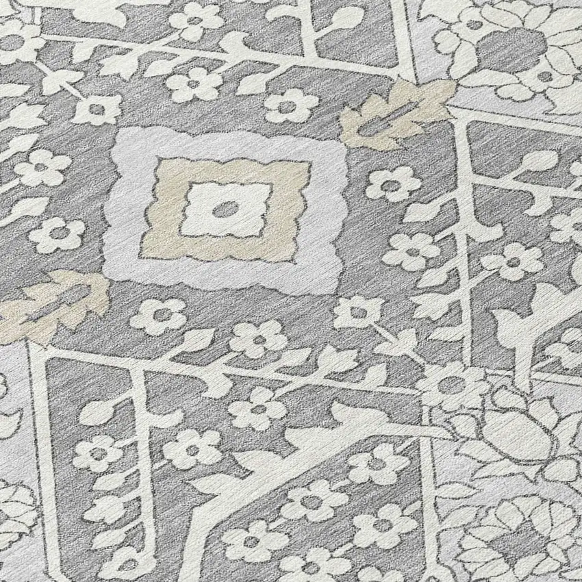 Gray Ivory And Silver Floral Washable Indoor Outdoor Area Rug Photo 6