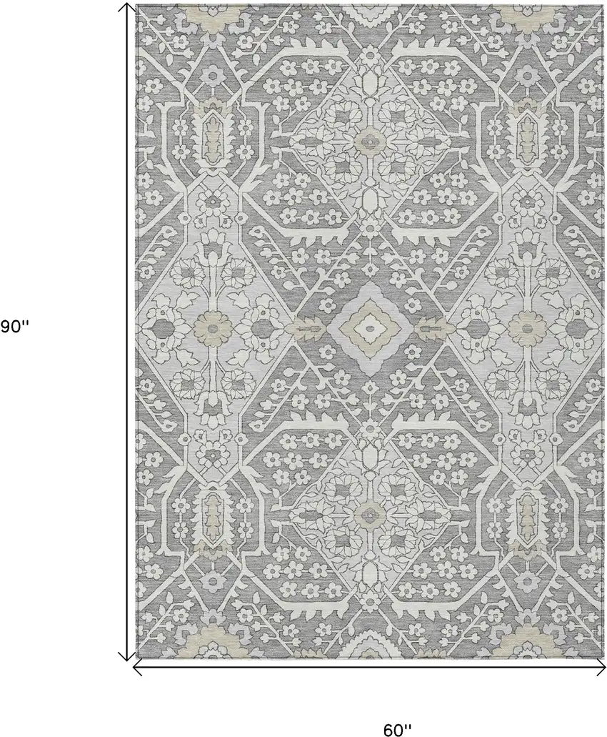 Gray Ivory And Silver Floral Washable Indoor Outdoor Area Rug Photo 3