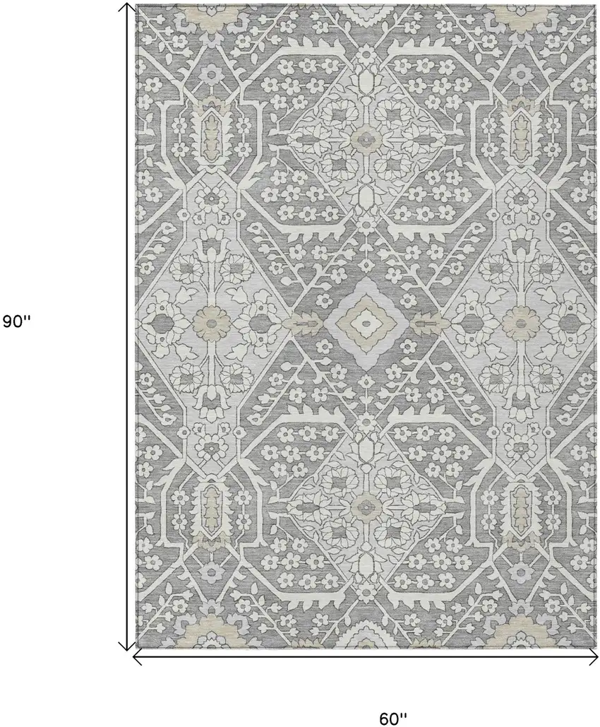 Gray Ivory And Silver Floral Washable Indoor Outdoor Area Rug Photo 3