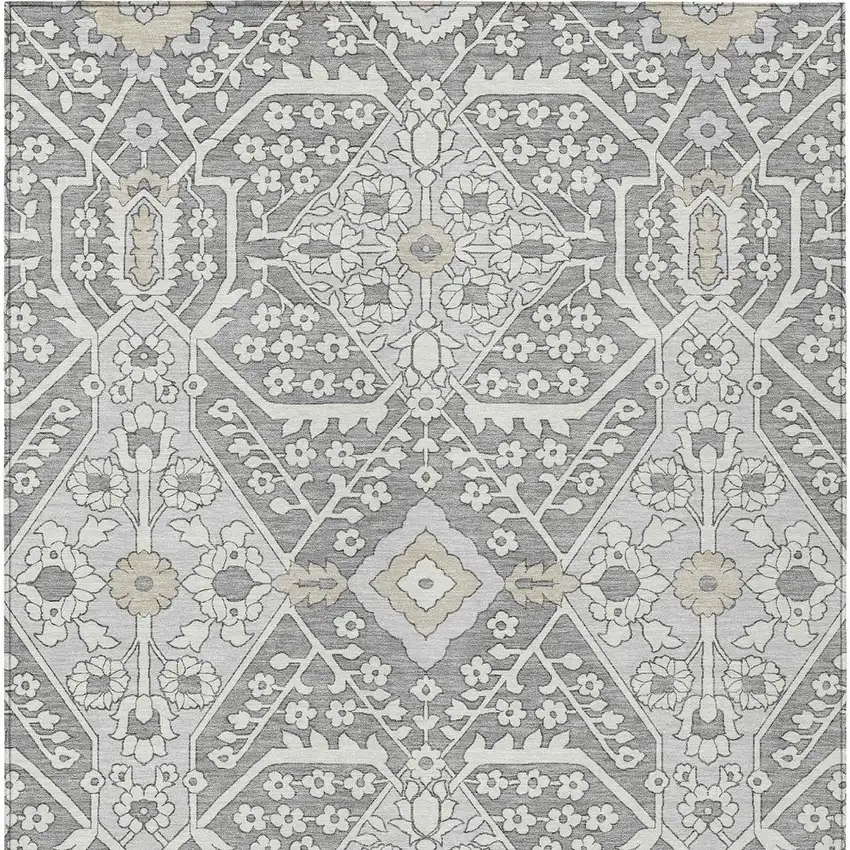 Gray Ivory And Silver Floral Washable Indoor Outdoor Area Rug Photo 8