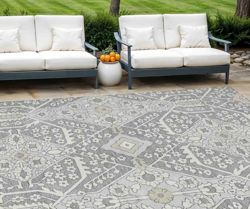 Gray Ivory And Silver Floral Washable Indoor Outdoor Area Rug Photo 1