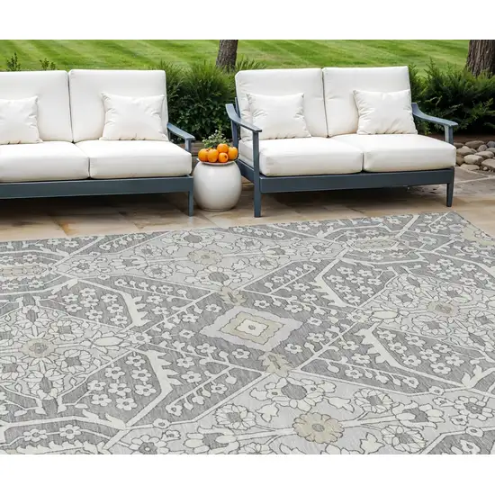 Gray Ivory And Silver Floral Washable Indoor Outdoor Area Rug Photo 1