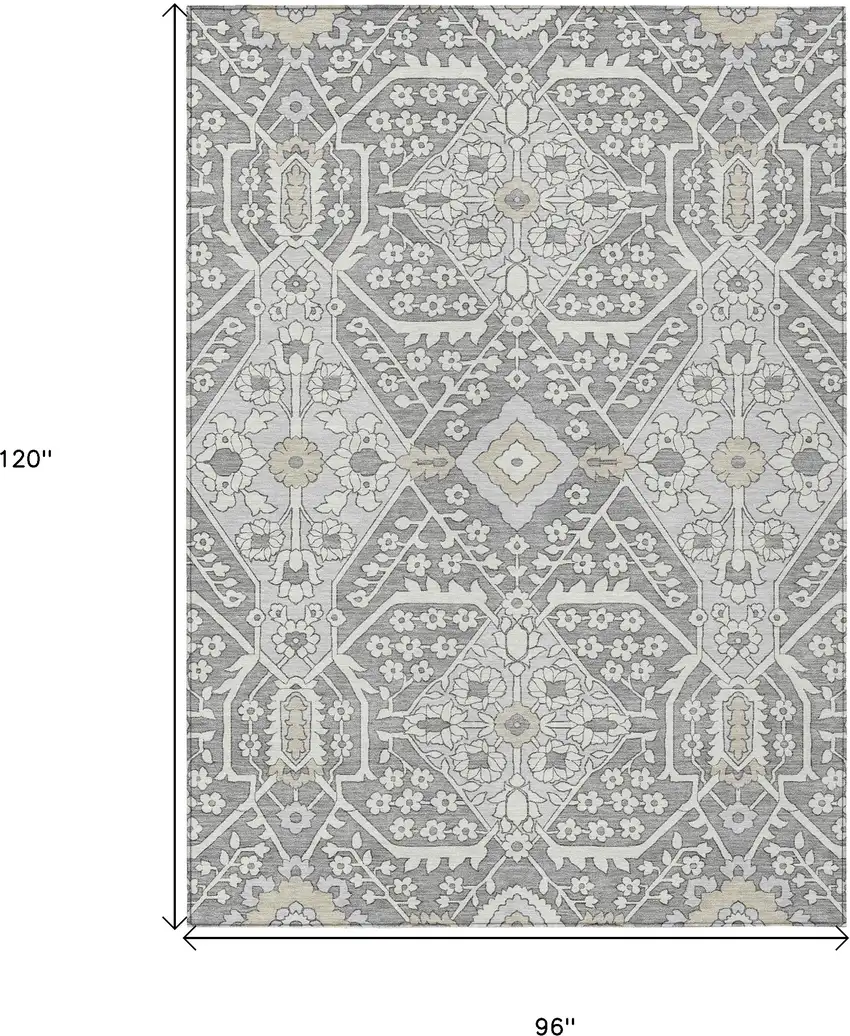 Gray Ivory And Silver Floral Washable Indoor Outdoor Area Rug Photo 3