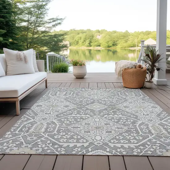 Gray Ivory And Silver Floral Washable Indoor Outdoor Area Rug Photo 9