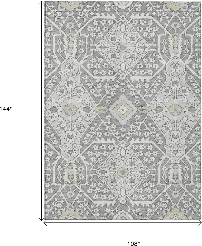 Gray Ivory And Silver Floral Washable Indoor Outdoor Area Rug Photo 3