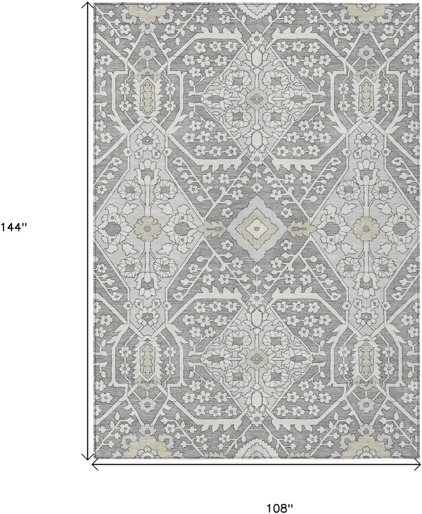 Gray Ivory And Silver Floral Washable Indoor Outdoor Area Rug Photo 3