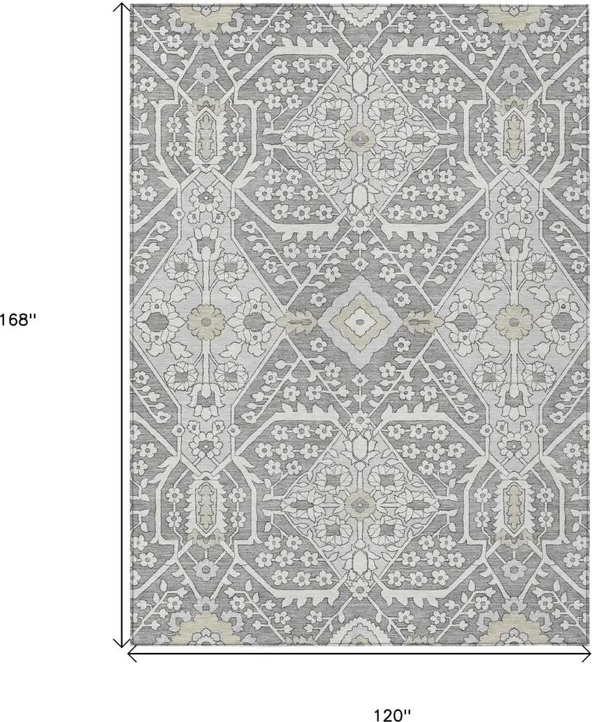 Gray Ivory And Silver Floral Washable Indoor Outdoor Area Rug Photo 3