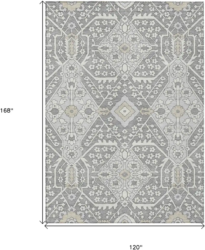 Gray Ivory And Silver Floral Washable Indoor Outdoor Area Rug Photo 3
