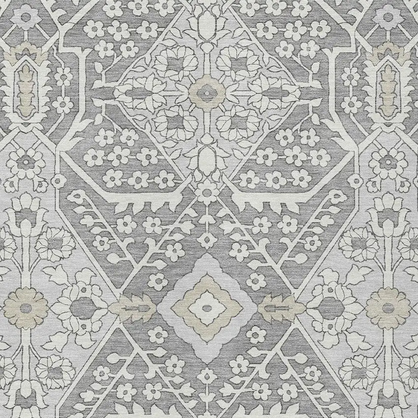 Gray Ivory And Silver Floral Washable Indoor Outdoor Area Rug Photo 7