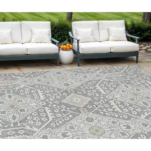 Photo of Gray Ivory And Silver Floral Washable Indoor Outdoor Area Rug