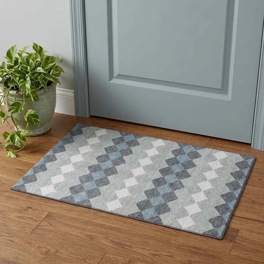 Gray Ivory And Silver Geometric Washable Area Rug With UV Protection Photo 1