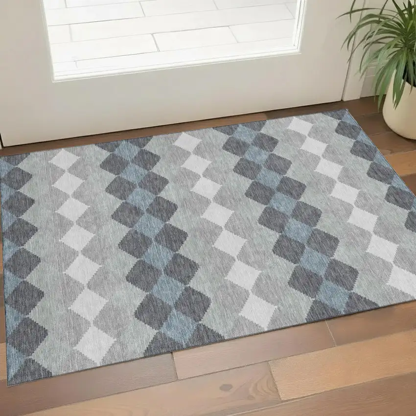Gray Ivory And Silver Geometric Washable Area Rug With UV Protection Photo 1