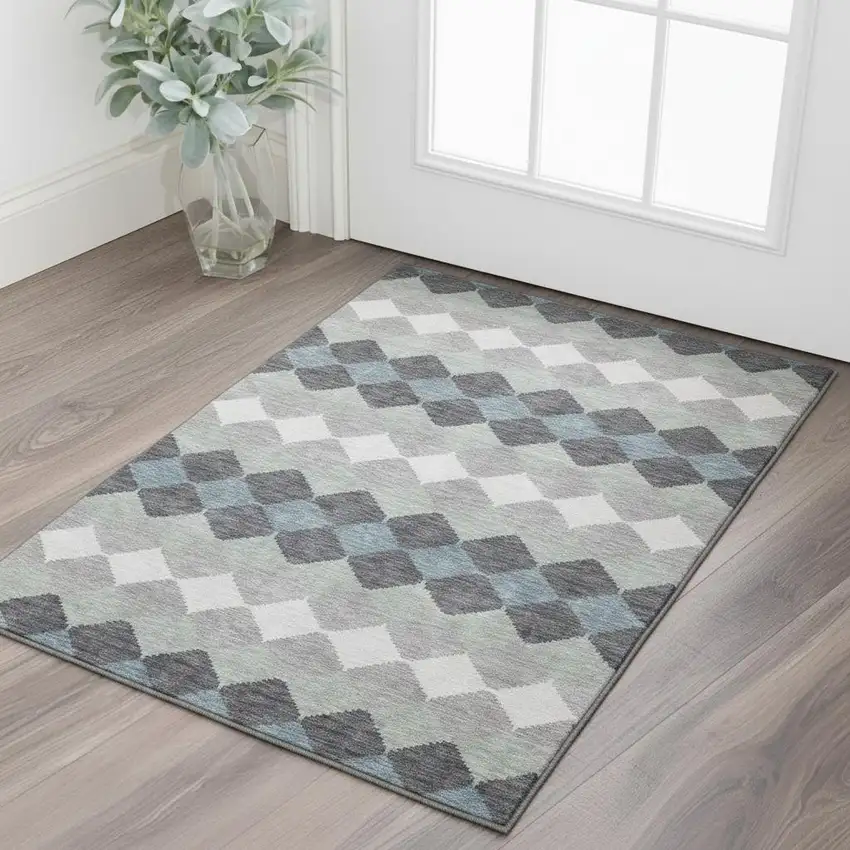 Gray Ivory And Silver Geometric Washable Area Rug With UV Protection Photo 2