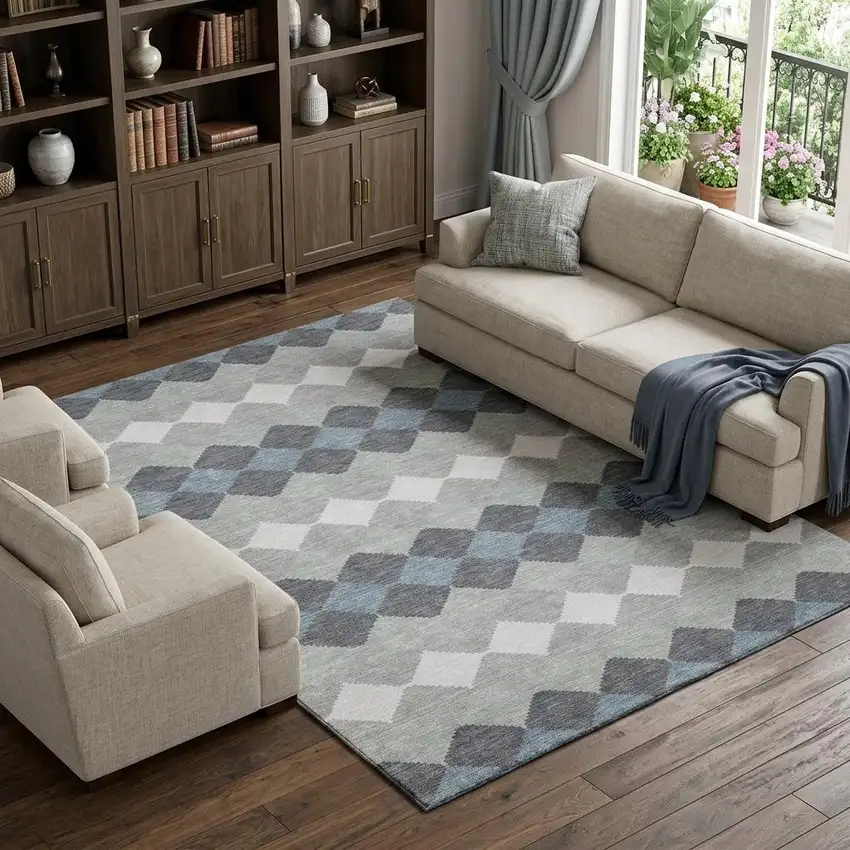 Gray Ivory And Silver Geometric Washable Area Rug With UV Protection Photo 1