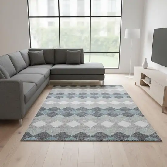 Gray Ivory And Silver Geometric Washable Area Rug With UV Protection Photo 2