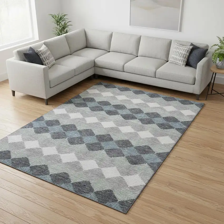 Gray Ivory And Silver Geometric Washable Area Rug With UV Protection Photo 2