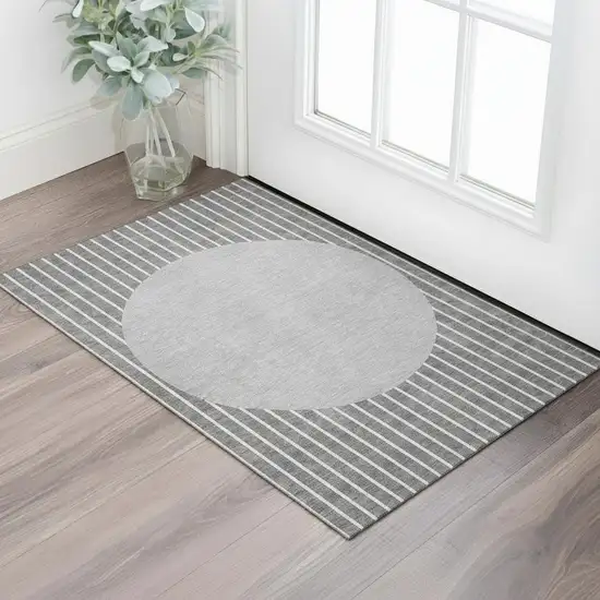 Gray Ivory And Silver Striped Washable Area Rug With UV Protection Photo 2
