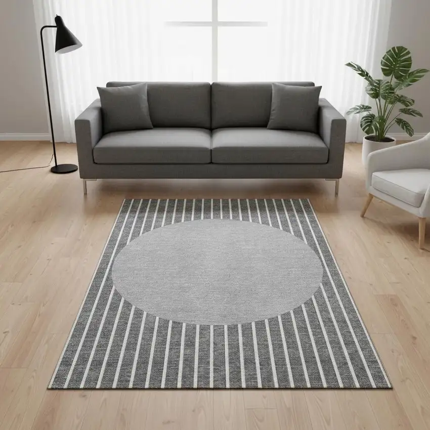 Gray Ivory And Silver Striped Washable Area Rug With UV Protection Photo 2