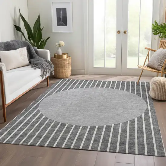 Gray Ivory And Silver Striped Washable Area Rug With UV Protection Photo 5