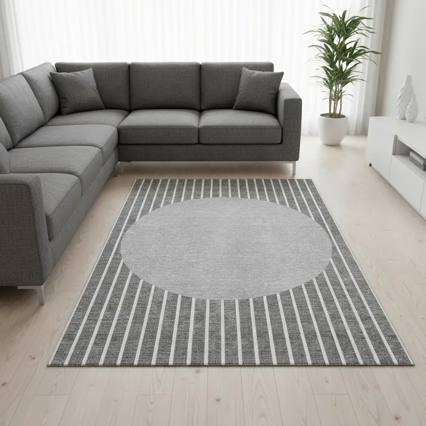 Gray Ivory And Silver Striped Washable Area Rug With UV Protection Photo 2