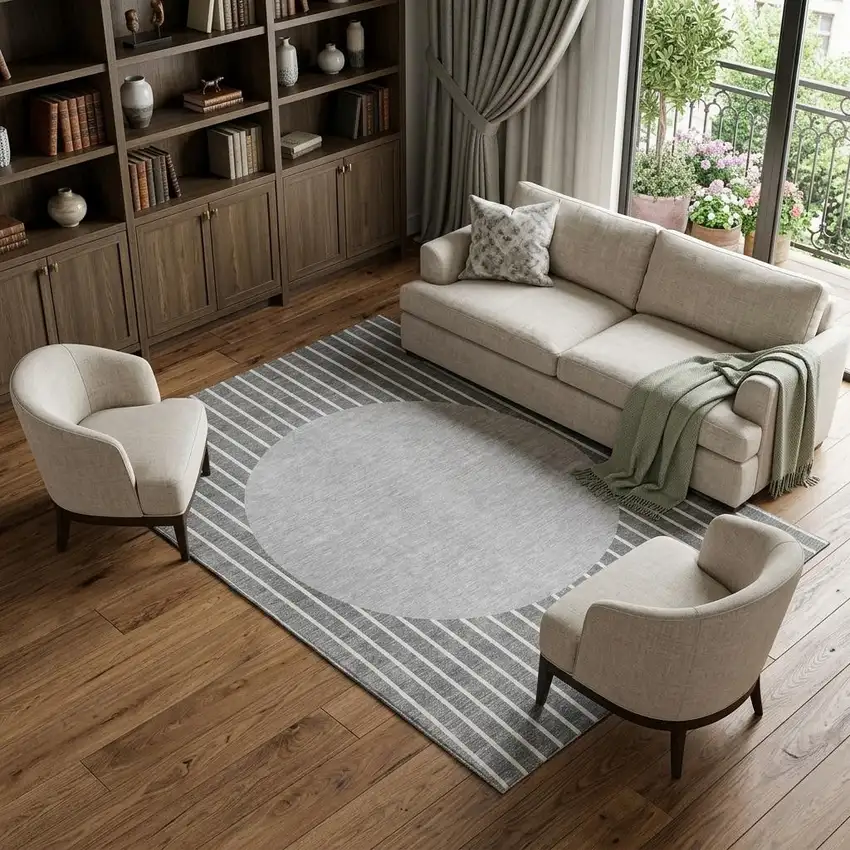 Gray Ivory And Silver Striped Washable Area Rug With UV Protection Photo 1