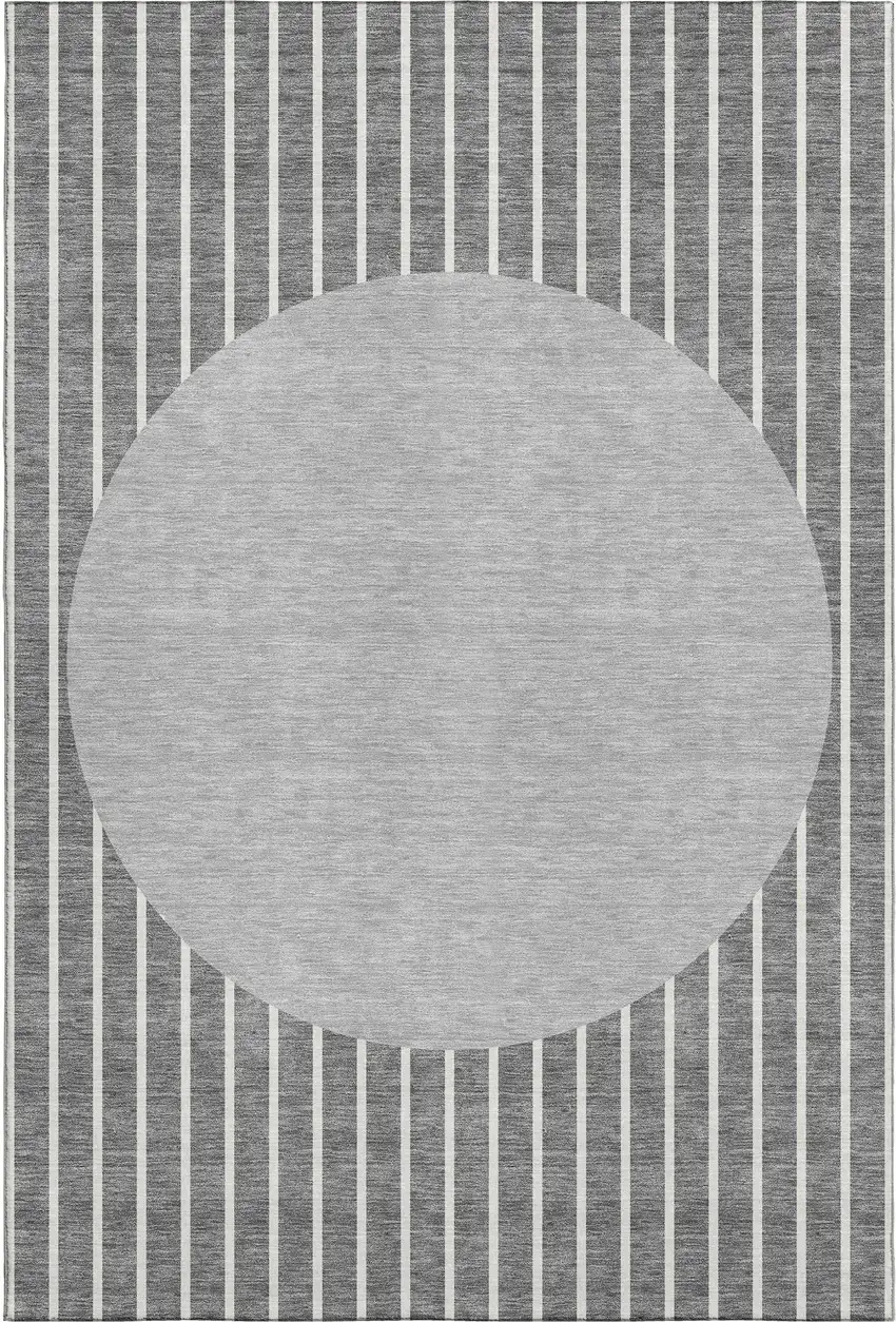 Gray Ivory And Silver Striped Washable Area Rug With UV Protection Photo 1