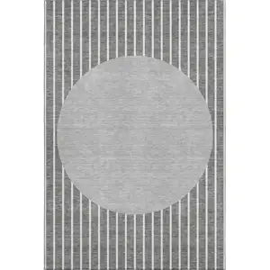 Photo of Gray Ivory And Silver Striped Washable Area Rug With UV Protection